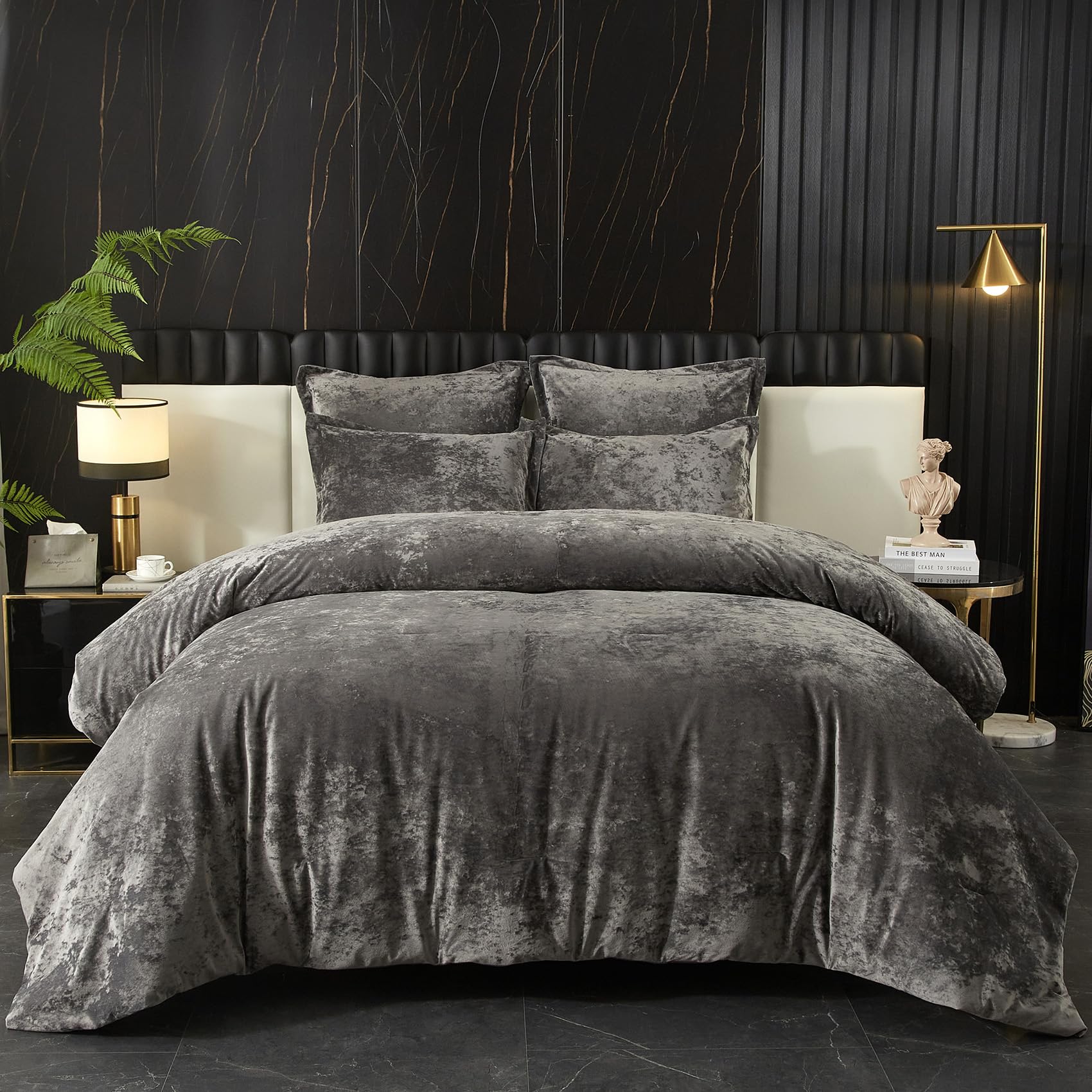 Ivellow Crushed Velvet Comforter Set Queen, Lightweight Comforter Set, 5Pcs Ultra Soft Breathable Grey Comforter Set, Luxury Coz